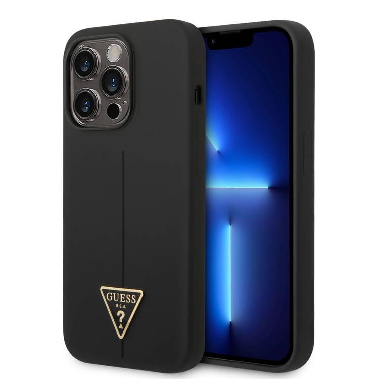 Guess Liquid Silicone Case with Shiny Line & Metal Triangle Tone Logo iPhone 14 Pro Max Compatibility - Black