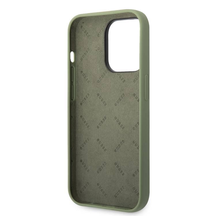 Guess Liquid Silicone Case with Shiny Line & Metal Triangle Tone Logo iPhone 14 Pro Max Compatibility - Green