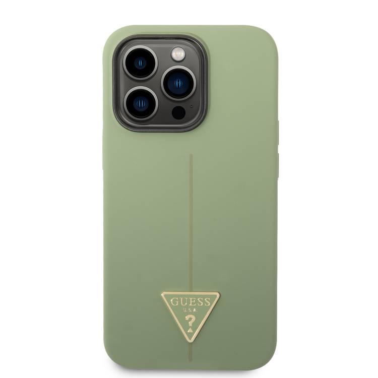 Guess Liquid Silicone Case with Shiny Line & Metal Triangle Tone Logo iPhone 14 Pro Max Compatibility - Green