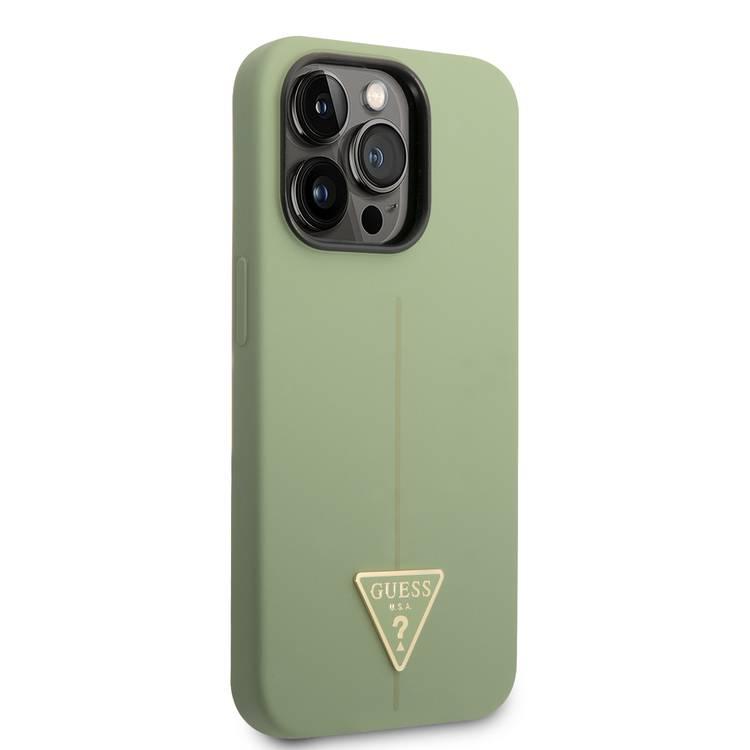 Guess Liquid Silicone Case with Shiny Line & Metal Triangle Tone Logo iPhone 14 Pro Max Compatibility - Green