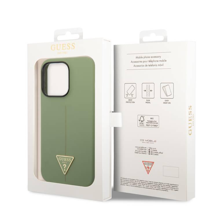 Guess Liquid Silicone Case with Shiny Line & Metal Triangle Tone Logo iPhone 14 Pro Max Compatibility - Green