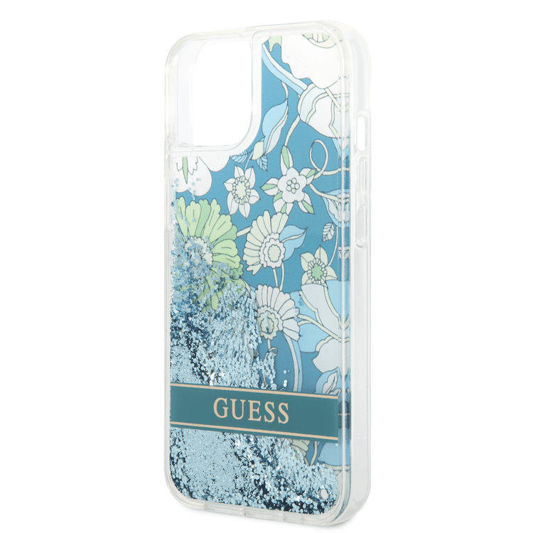 Guess Liquid Glitter Case with Flower Pattern Extra Shine Smooth Touch Feel iPhone 14 Plus Compatibility - Green