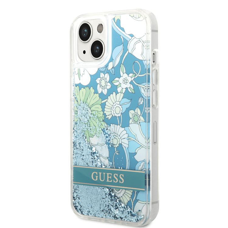 Guess Liquid Glitter Case with Flower Pattern Extra Shine Smooth Touch Feel iPhone 14 Plus Compatibility - Green