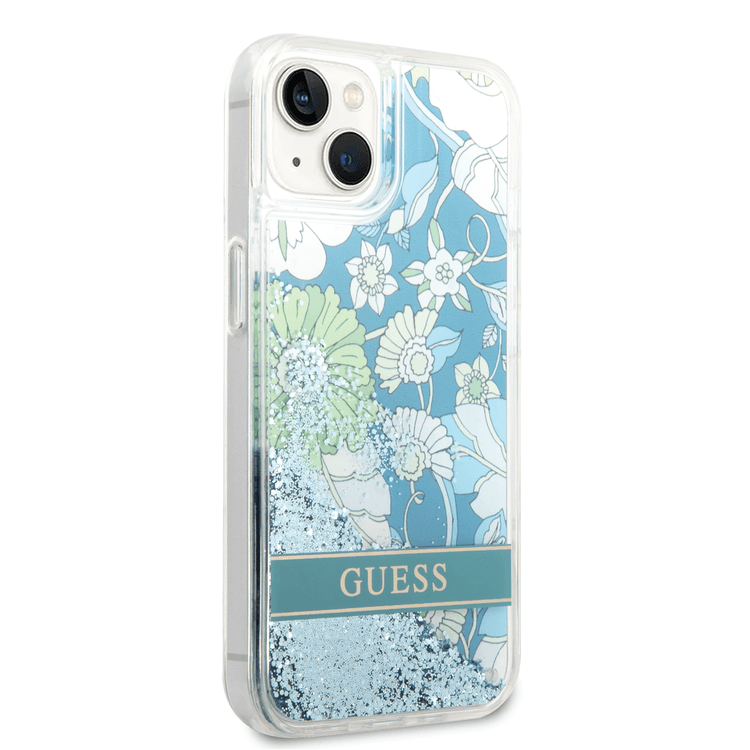 Guess Liquid Glitter Case with Flower Pattern Extra Shine Smooth Touch Feel iPhone 14 Plus Compatibility - Green