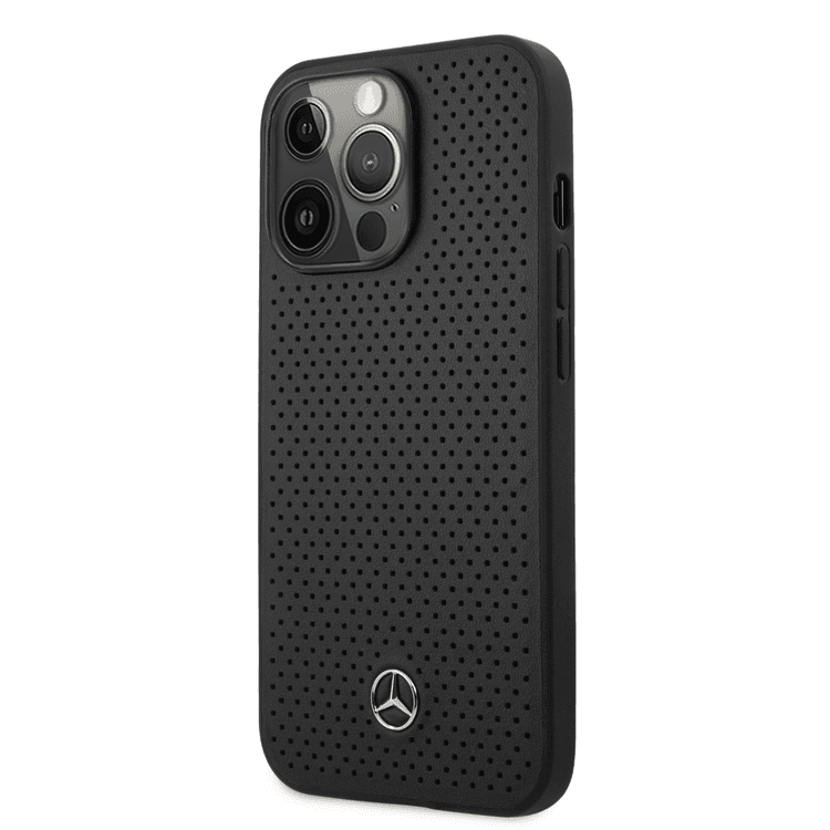 Mercedes-Benz Genuine Leather Hard Case with Perforated Metal Star Logo iPhone 14 Pro Max Compatibility - Black