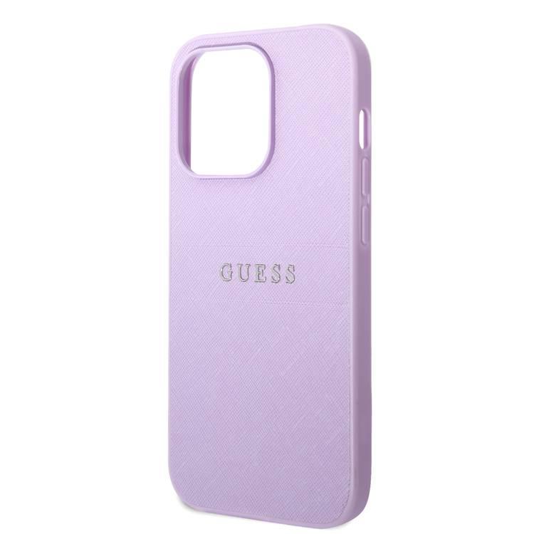 Guess PU Leather Saffiano Case with Metal Logo & Hot Stamp Stripes iPhone 14 Pro Max Compatibility - Purple