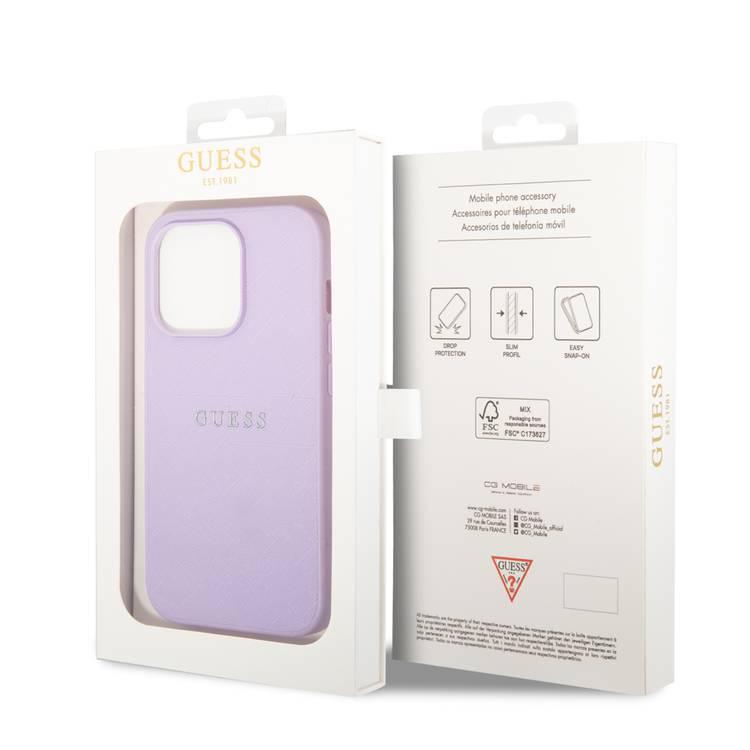 Guess PU Leather Saffiano Case with Metal Logo & Hot Stamp Stripes iPhone 14 Pro Max Compatibility - Purple