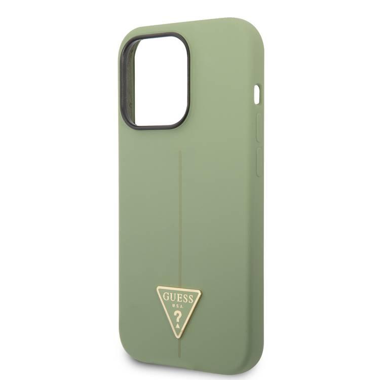 Guess Liquid Silicone Case with Shiny Line & Metal Triangle Tone Logo iPhone 14 Pro Compatibility - Green