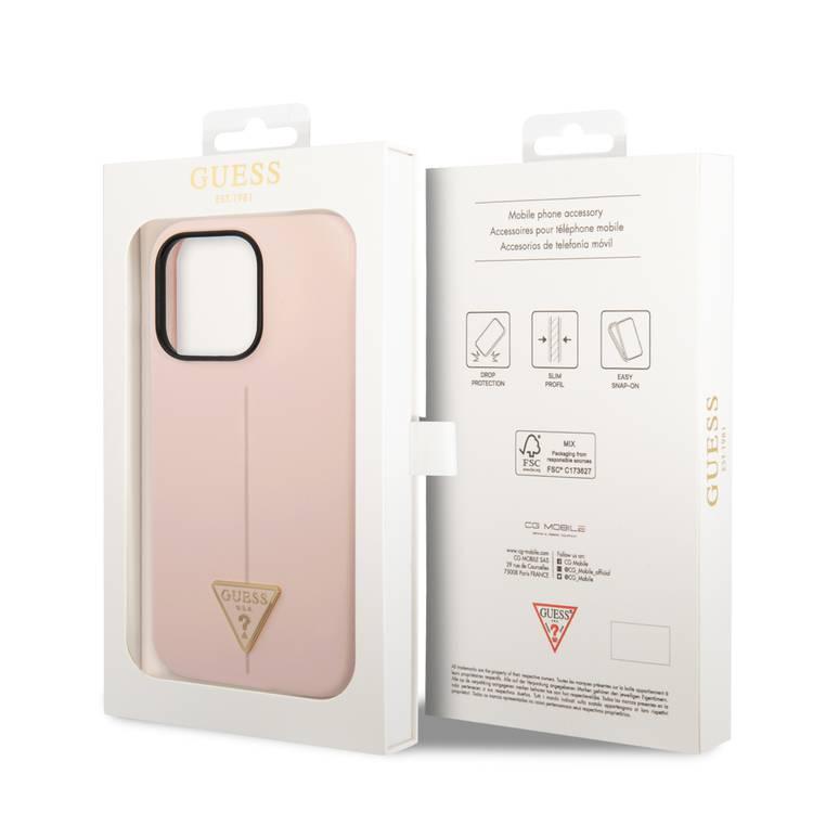 Guess Liquid Silicone Case with Shiny Line & Metal Triangle Tone Logo iPhone 14 Pro Compatibility - Pink