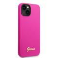 Guess Liquid Silicone Case With PC Camera Outline & Script Metal Logo - iPhone 14 - Fuchsia