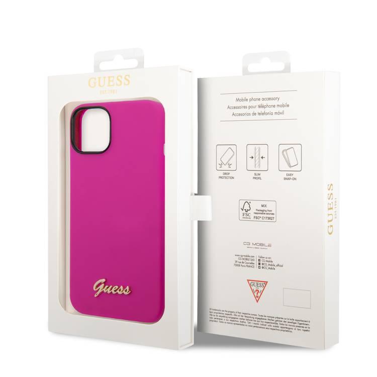 Guess Liquid Silicone Case With PC Camera Outline & Script Metal Logo - iPhone 14 - Fuchsia