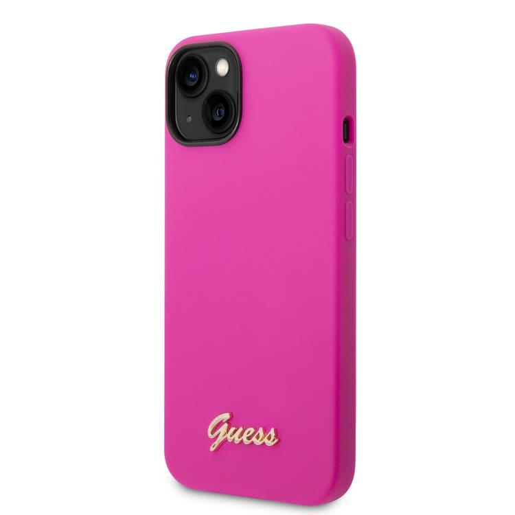 Guess Liquid Silicone Case With PC Camera Outline & Script Metal Logo - iPhone 14 - Fuchsia