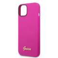 Guess Liquid Silicone Case With PC Camera Outline & Script Metal Logo - iPhone 14 - Fuchsia