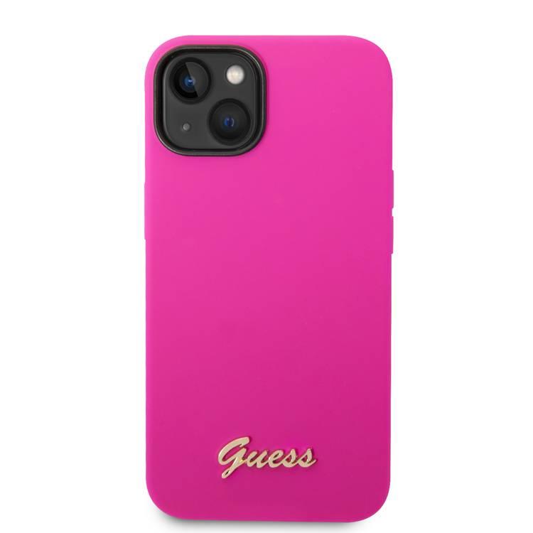 Guess Liquid Silicone Case With PC Camera Outline & Script Metal Logo - iPhone 14 - Fuchsia