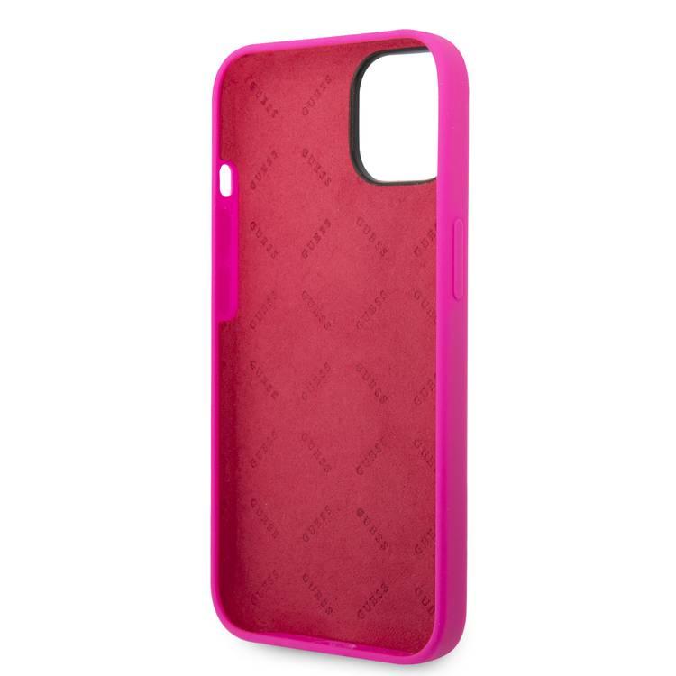 Guess Liquid Silicone Case With PC Camera Outline & Script Metal Logo - iPhone 14 - Fuchsia