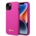 Guess Liquid Silicone Case With PC Camera Outline & Script Metal Logo - iPhone 14 - Fuchsia