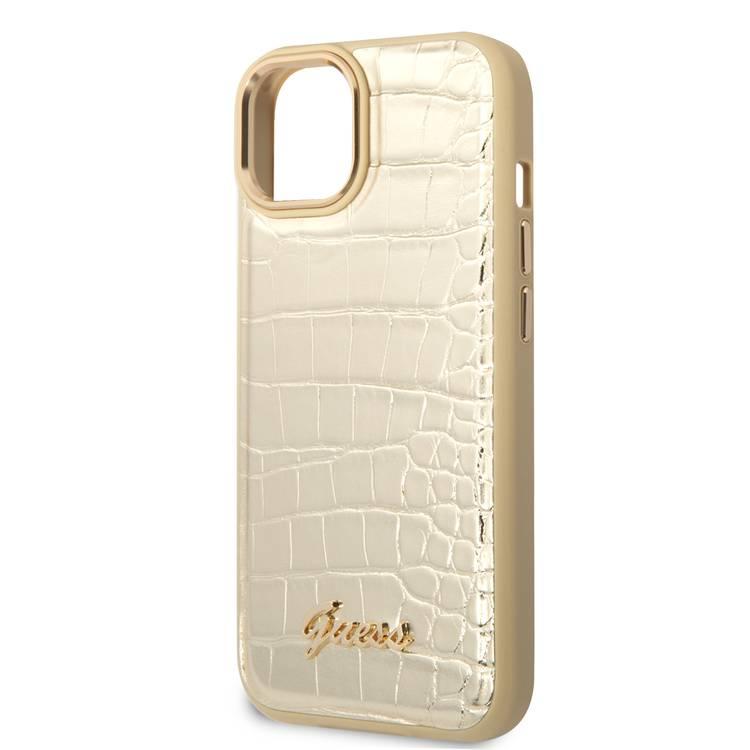 Guess PU Croco Case with Metal Camera Outline, Latest Design iPhone 14 Plus Compatibility - Gold