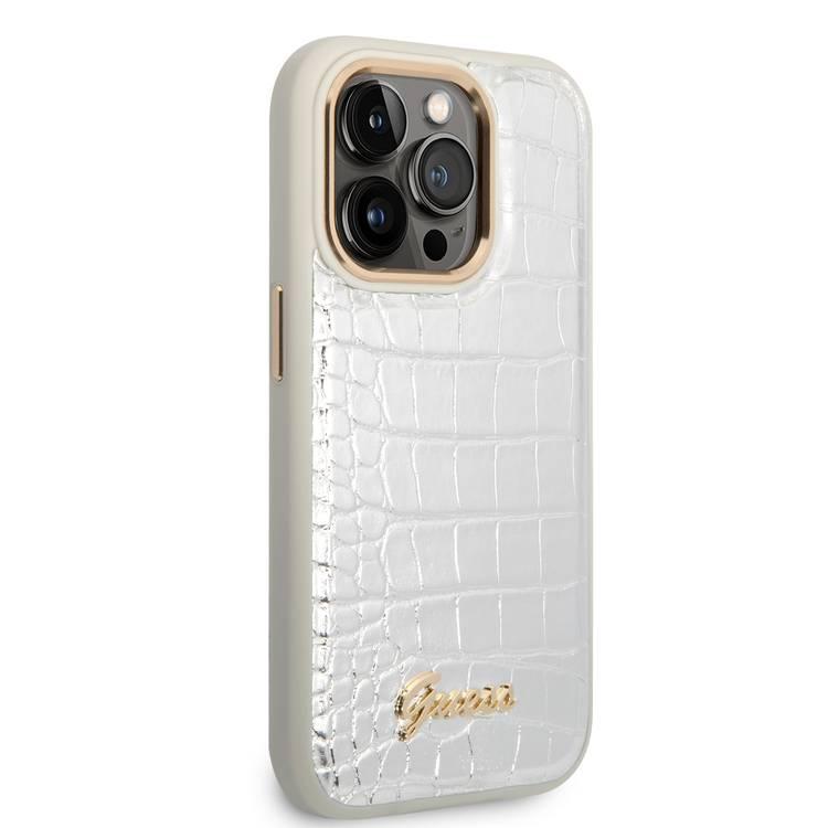 Guess PU Croco Case with Metal Camera Outline, Latest Design iPhone 14 Pro Max Compatibility - Silver