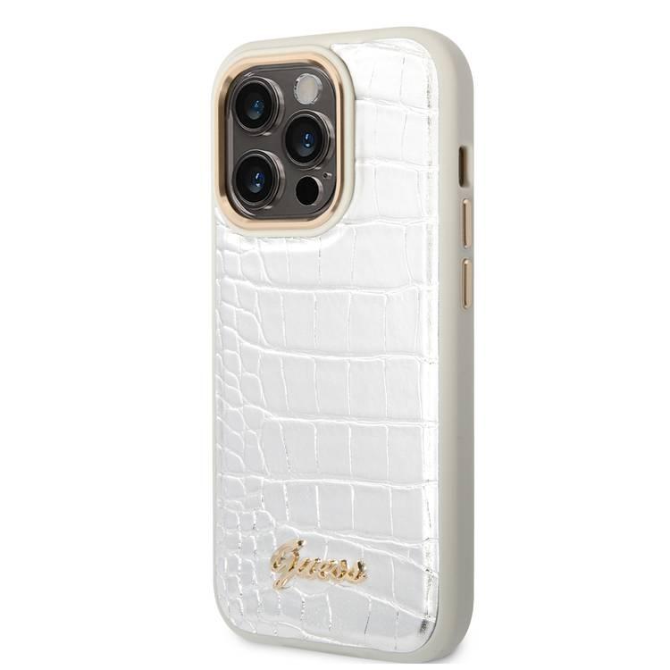 Guess PU Croco Case with Metal Camera Outline, Latest Design iPhone 14 Pro Max Compatibility - Silver