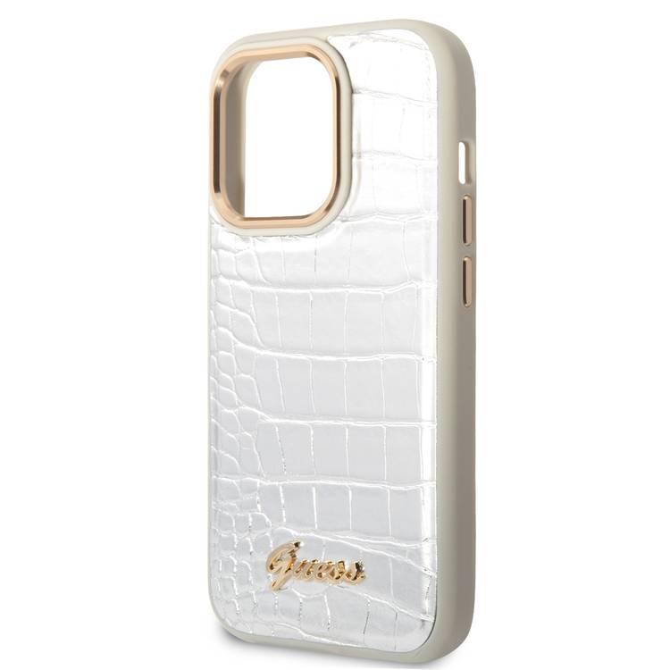 Guess PU Croco Case with Metal Camera Outline, Latest Design iPhone 14 Pro Max Compatibility - Silver