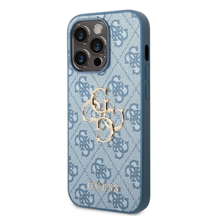 Guess PU Leather 4G Classic and Stylish Case with Big Metal Logo iPhone 14 Pro Compatibility - Blue