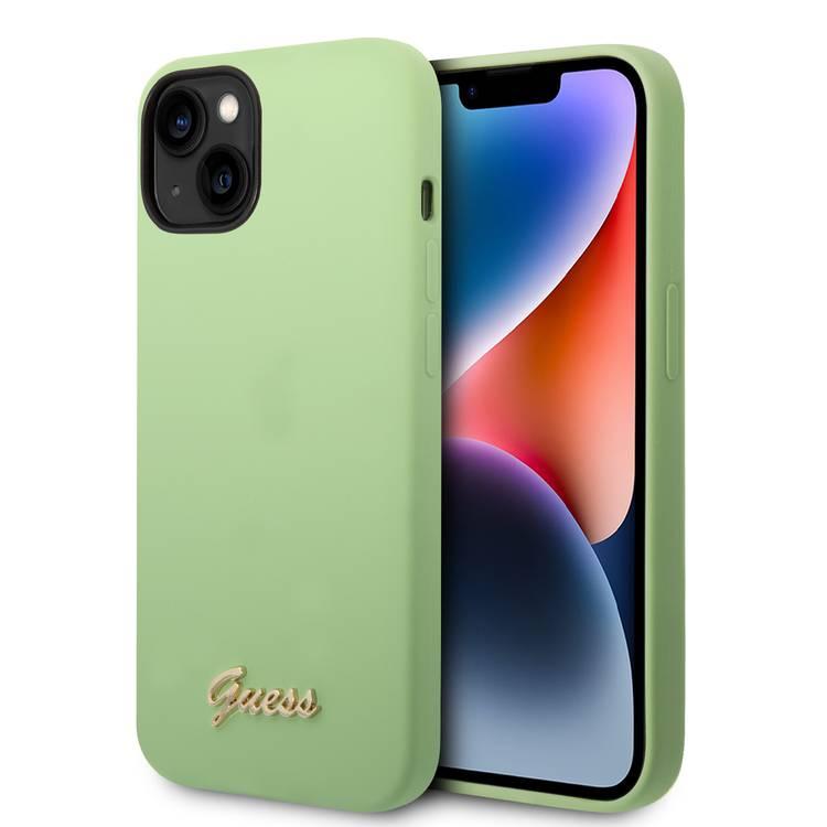 Guess Liquid Silicone Case With PC Camera Outline & Script Metal Logo - iPhone 14 Plus - Green