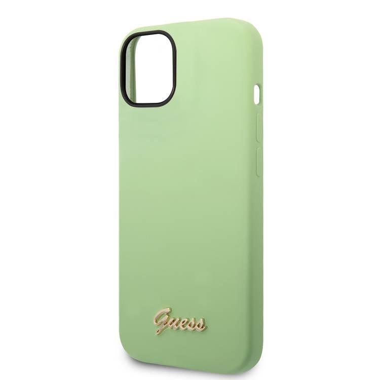 Guess Liquid Silicone Case With PC Camera Outline & Script Metal Logo - iPhone 14 Plus - Green