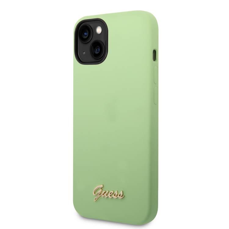 Guess Liquid Silicone Case With PC Camera Outline & Script Metal Logo - iPhone 14 Plus - Green