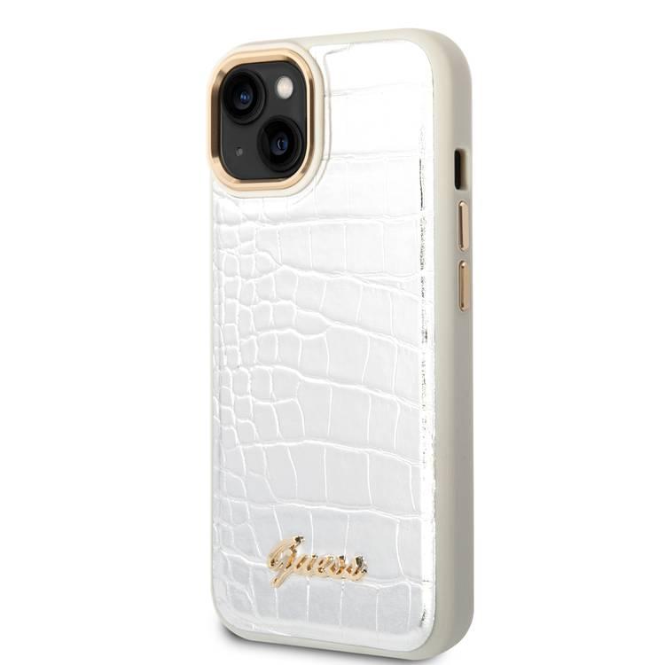 Guess PU Croco Case with Metal Camera Outline, Latest Design iPhone 14 Plus Compatibility - Silver