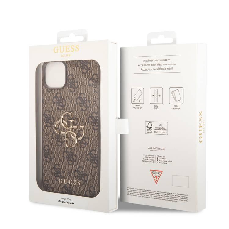 Guess PU Leather 4G Classic and Stylish Case with Big Metal Logo iPhone 14 Plus Compatibility - Brown