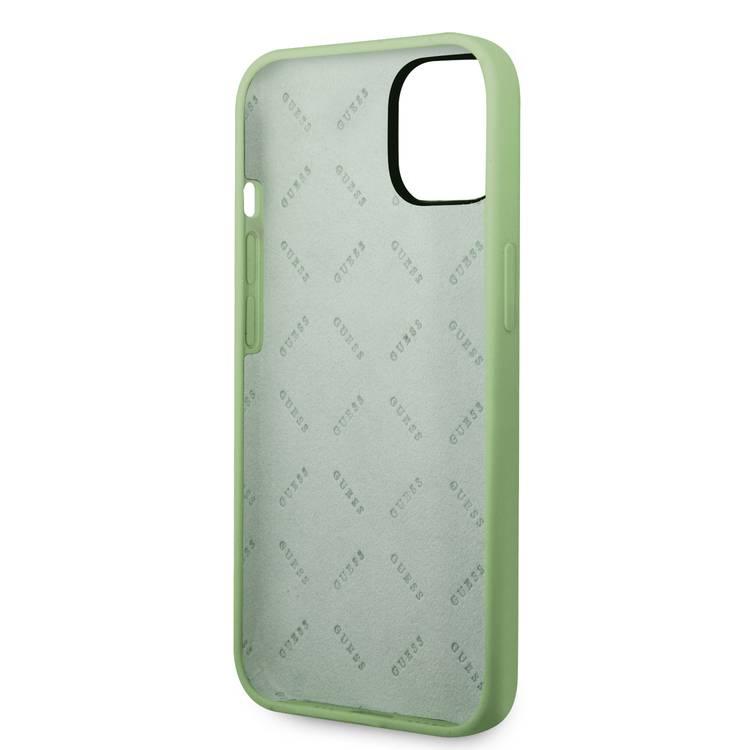 Guess Liquid Silicone Case With PC Camera Outline & Script Metal Logo - iPhone 14 - Green