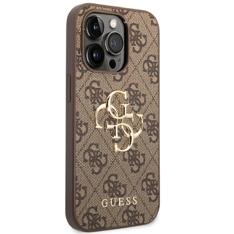 Guess PU Leather 4G Classic and Stylish Case with Big Metal Logo iPhone 14 Pro Compatibility - Brown