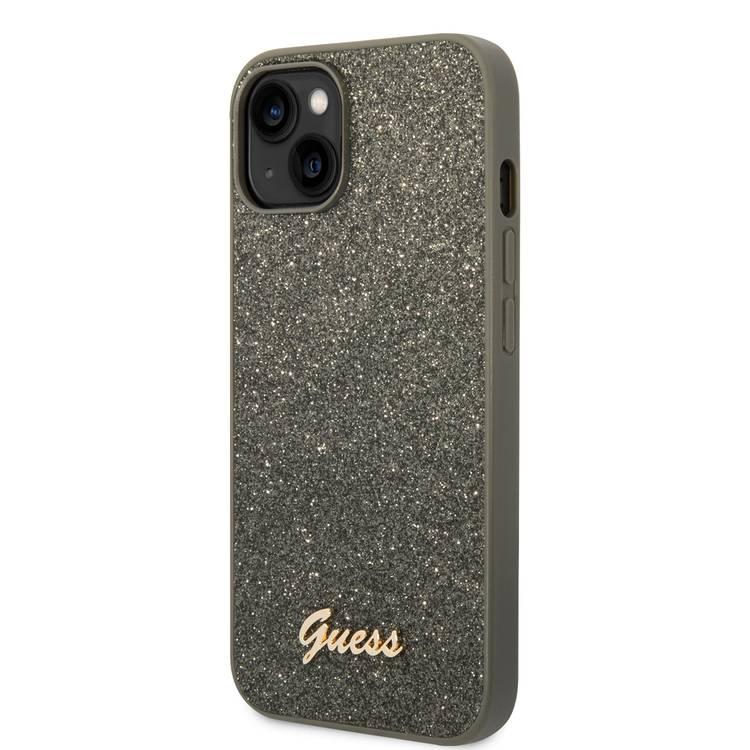 Guess PC/TPU Glitter Flakes Case with Script Metal Logo iPhone 14 Compatibility - Green