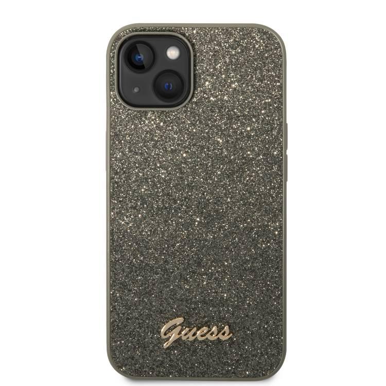 Guess PC/TPU Glitter Flakes Case with Script Metal Logo iPhone 14 Compatibility - Green