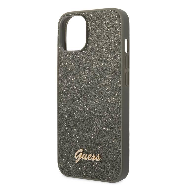 Guess PC/TPU Glitter Flakes Case with Script Metal Logo iPhone 14 Compatibility - Green