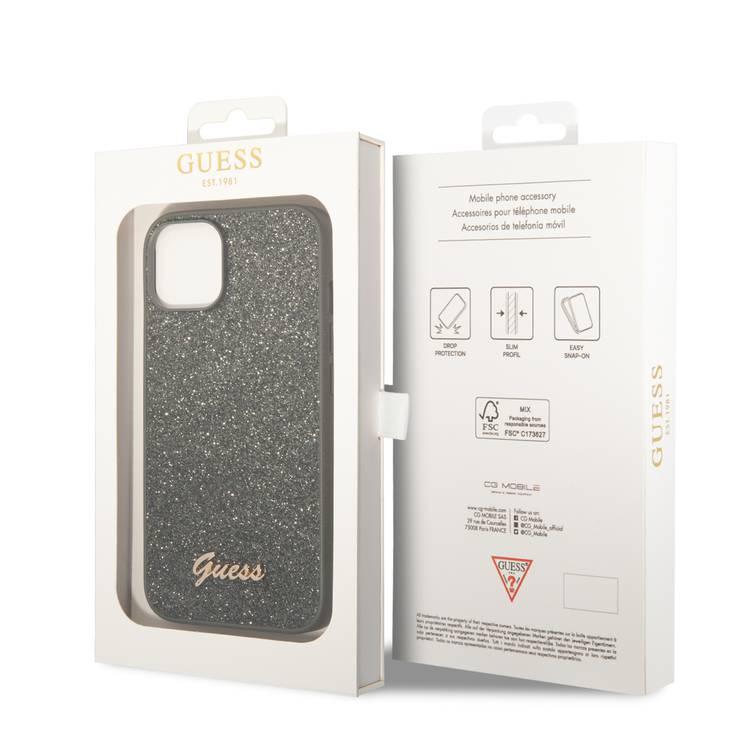 Guess PC/TPU Glitter Flakes Case with Script Metal Logo iPhone 14 Compatibility - Green