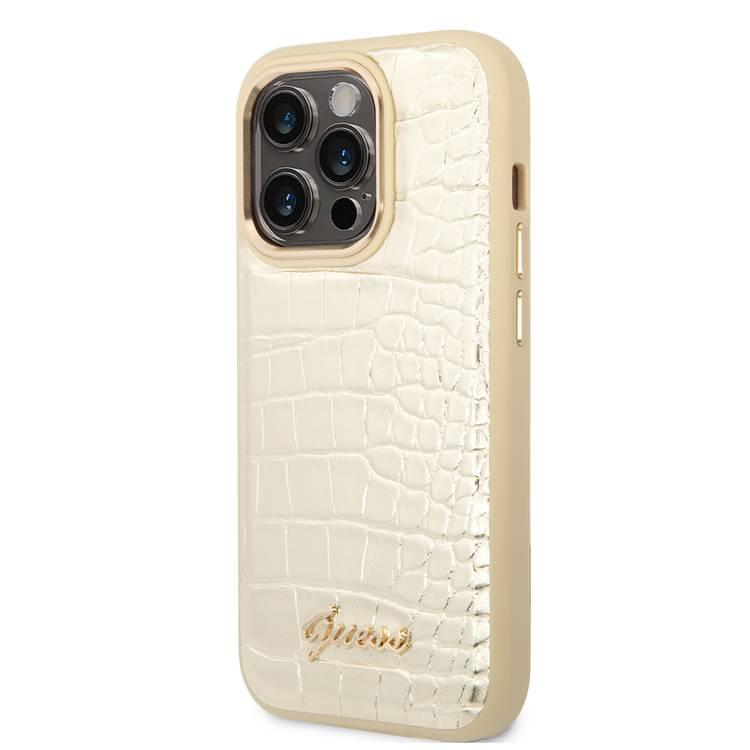 Guess PU Croco Case with Metal Camera Outline, Latest Design iPhone 14 Pro Max Compatibility - Gold