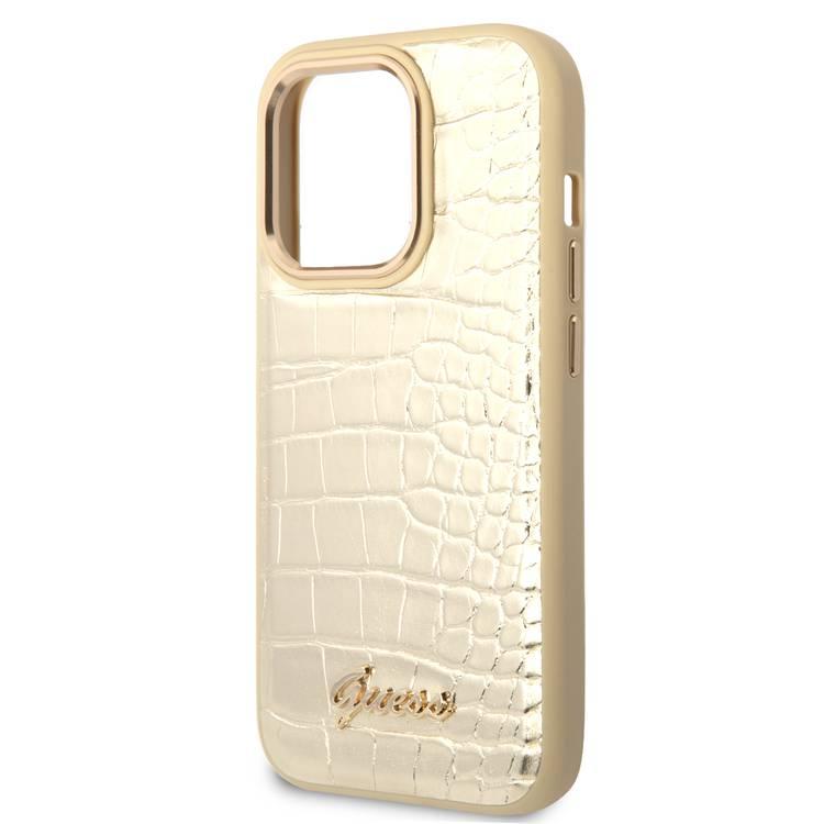 Guess PU Croco Case with Metal Camera Outline, Latest Design iPhone 14 Pro Max Compatibility - Gold