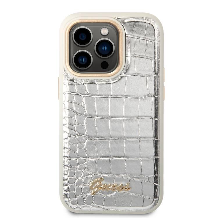 Guess PU Croco Case with Metal Camera Outline, Latest Design iPhone 14 Pro Compatibility - Silver