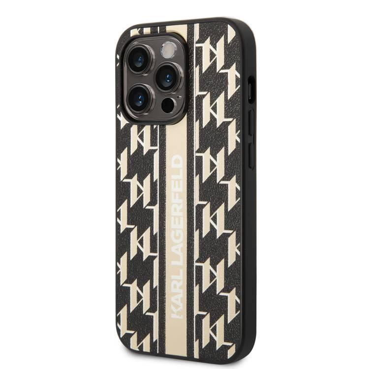 Karl Lagerfeld Grained PU Leather Case with Monogram Pattern & Vertical Logo Compatble iPhone 14 Pro Compatibility - Brown