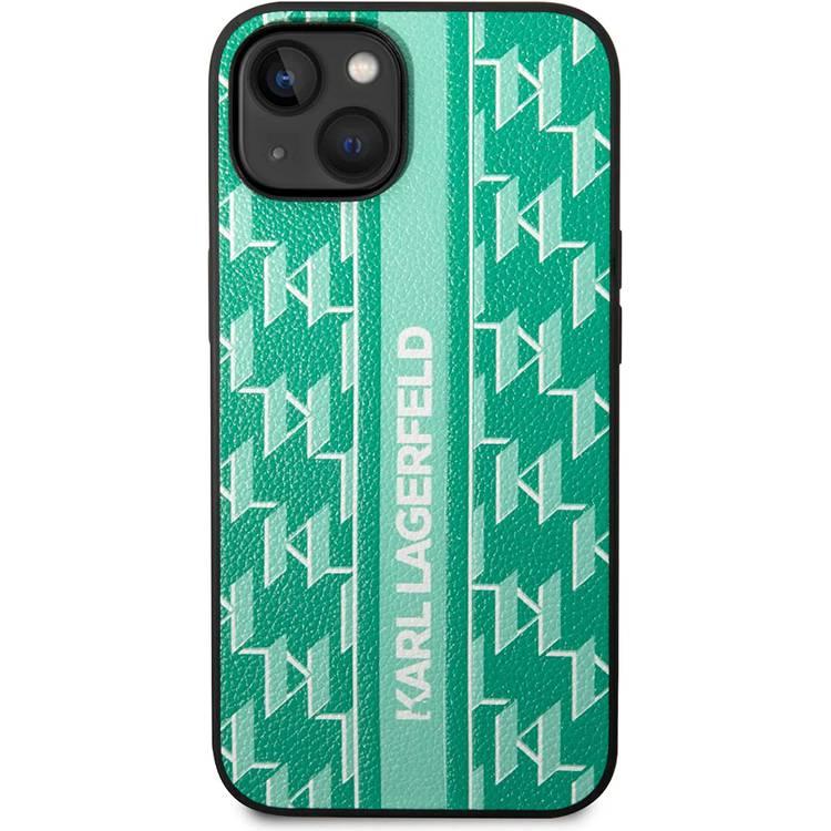 Karl Lagerfeld Grained PU Leather Case with Monogram Pattern & Vertical Logo iPhone 14 Compatibility - Green