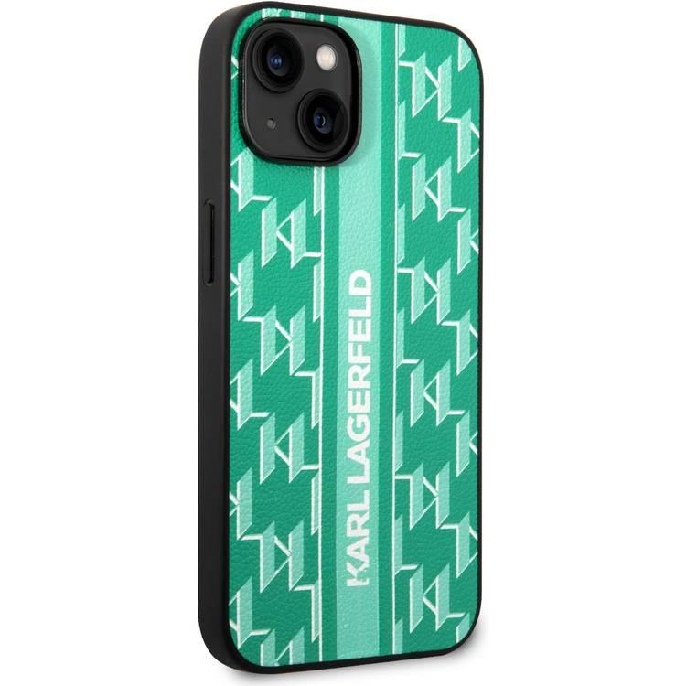 Karl Lagerfeld Grained PU Leather Case with Monogram Pattern & Vertical Logo iPhone 14 Compatibility - Green