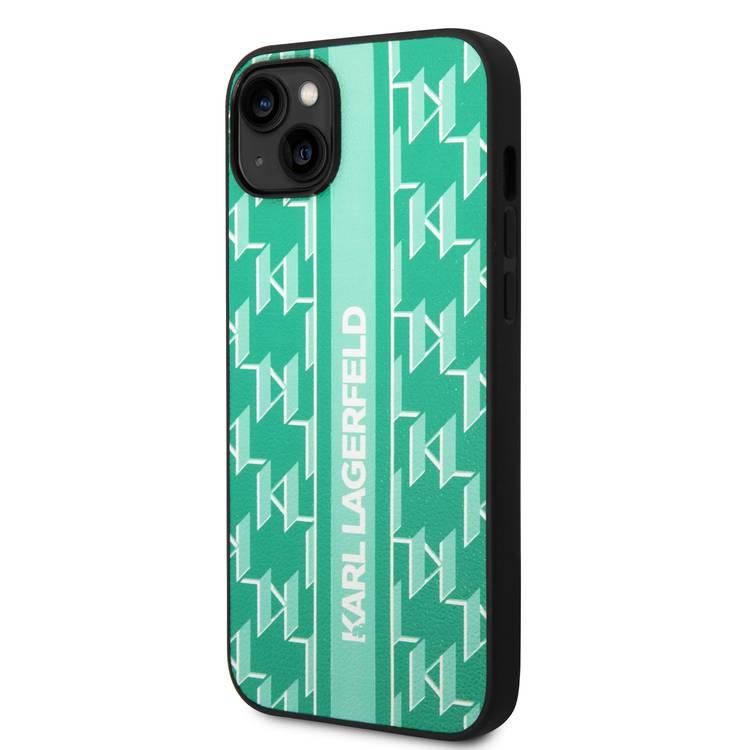 Karl Lagerfeld Grained PU Leather Case with Monogram Pattern & Vertical Logo iPhone 14 Plus Compatibility - Green