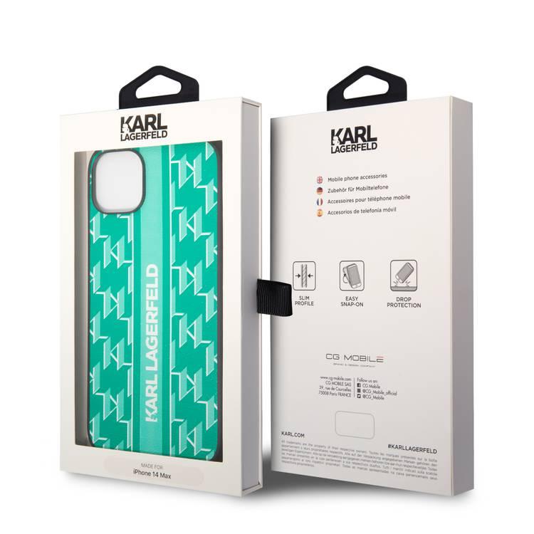 Karl Lagerfeld Grained PU Leather Case with Monogram Pattern & Vertical Logo iPhone 14 Plus Compatibility - Green