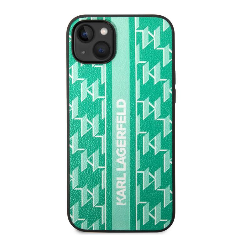 Karl Lagerfeld Grained PU Leather Case with Monogram Pattern & Vertical Logo iPhone 14 Plus Compatibility - Green