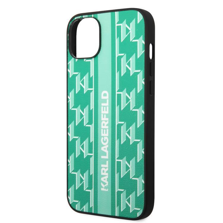 Karl Lagerfeld Grained PU Leather Case with Monogram Pattern & Vertical Logo iPhone 14 Plus Compatibility - Green