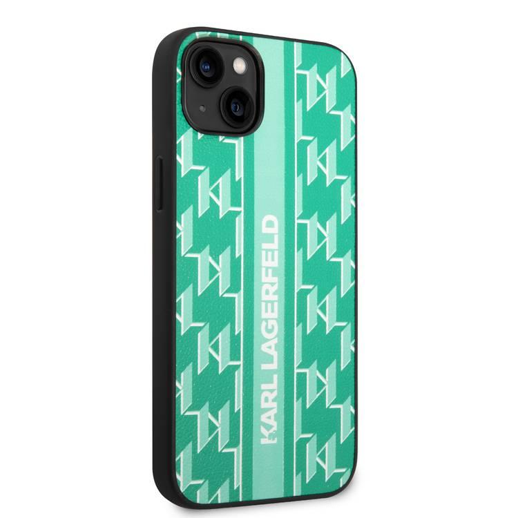 Karl Lagerfeld Grained PU Leather Case with Monogram Pattern & Vertical Logo iPhone 14 Plus Compatibility - Green