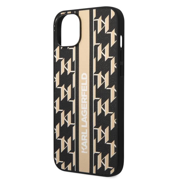 Karl Lagerfeld Grained PU Leather Case with Monogram Pattern & Vertical Logo Compatble iPhone 14 Plus Compatibility - Brown