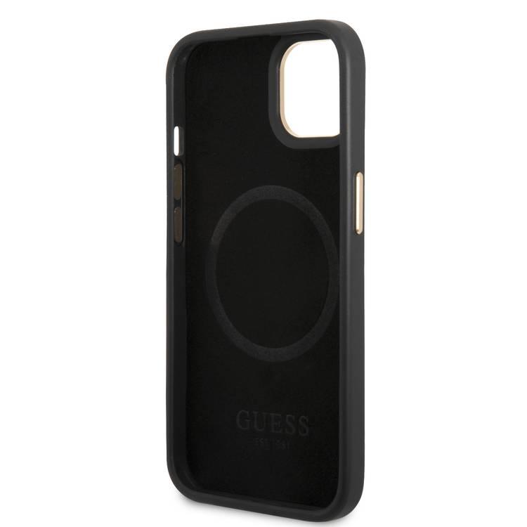 Guess Magsafe 4G PU Case مع شعار لوحة معدنية - آيفون 14 بلس - أسود