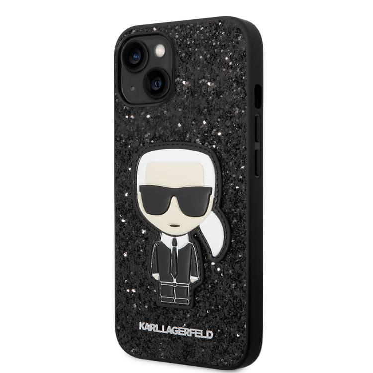 Karl Lagerfeld Glitter Flakes Case with Ikonik Patch Shockproof iPhone 14 Compatibility - Black